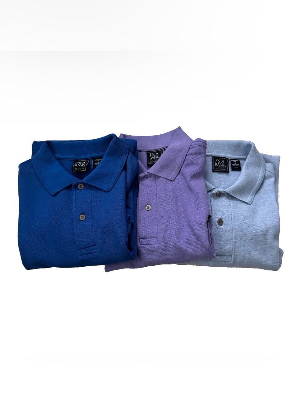 Lot of 3 Jos A Bank Traveler Polo Shirts Mens M Trad Fit Cotton Blue Gray Purple